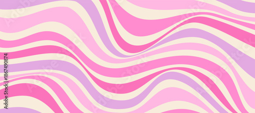 Abstract pastel groovy background with pink and purple wavy lines, swirls, and a psychedelic effect. A delicate vector texture in the 70s hippie style with a Y2K aesthetic.