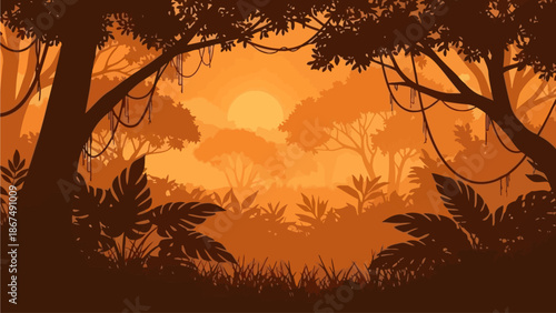 Serene forest landscape at sunset with trees and foliage in the foreground