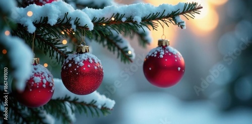 Heavy snow clings to branches, sparkling red and gold ornaments dangle , background, tree