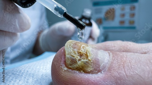 Doctor treating onychomycosis fungal infection on toenail