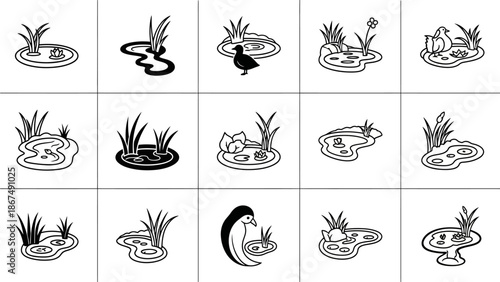 Collection of black and white illustrations depicting various aquatic scenes and plants in a grid layout