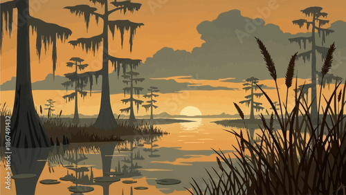 A serene landscape of a swamp at sunset with trees and water reflection