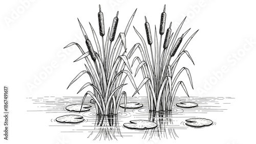 Illustration of cattails and lily pads in a serene wetland environment viewed from the side