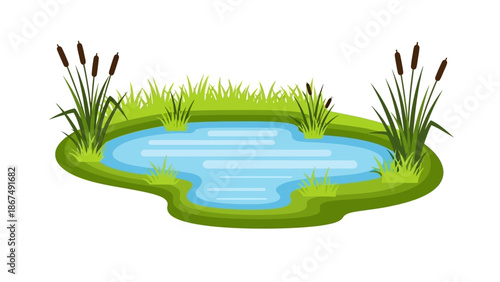 A serene pond surrounded by lush greenery and cattails in a tranquil landscape view