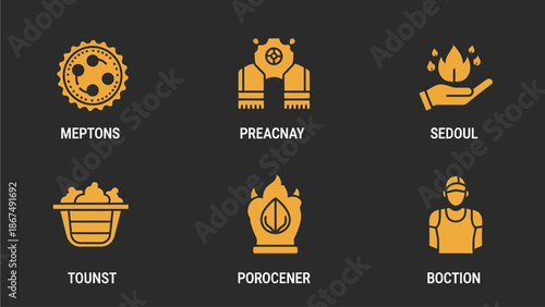 Industrial icons set on dark background representing various mechanical and industrial concepts