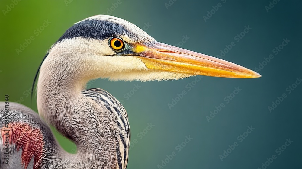 Fototapeta premium Majestic heron with striking plumage and vibrant yellow eye, poised gracefully against a blurred green background, showcasing the beauty of wildlife in natural habitat