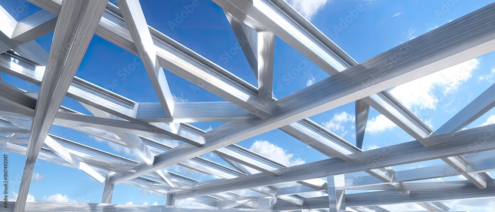 Fototapeta premium Modern ceiling grid with intricate metal beams and blue sky reflecting natural light in a contemporary architectural space