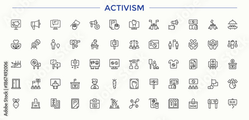 Activism icon set. Line icons with editable stroke. Government icon pack. Includes thin line symbols political, diplomacy, government, politics, democrat and more.