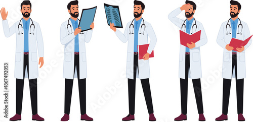 Male doctor character collection featuring flat vector designs of a physician waving examining x-rays and holding medical files for healthcare clinic design.