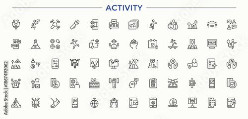 Activity icon set in linear style. Activity modern icon set. Icons for UI design. Included cooking, lifestyle, sport, fishing, camping, hobby and more. Vector artwork and illustration.