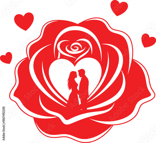 Romantic red rose with hearts and silhouette of loving couple
