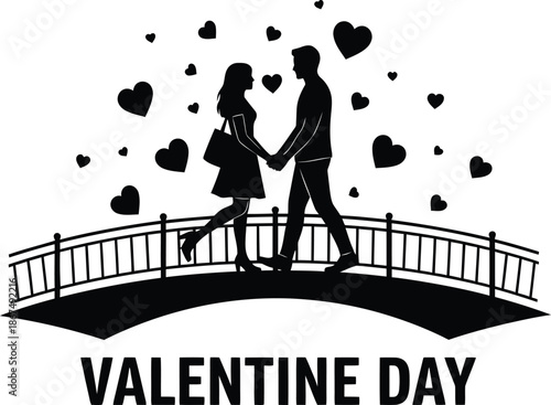 Valentine's day silhouette of loving couple on a bridge
