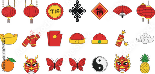 Chinese New Year icon set, cultural celebration symbols, festive elements, cartoon-style vector illustration, traditional holiday theme