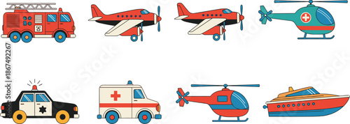 Emergency and transport vehicle icon set, cartoon-style vector illustration, fire truck, ambulance, police car, helicopter, airplane, speedboat