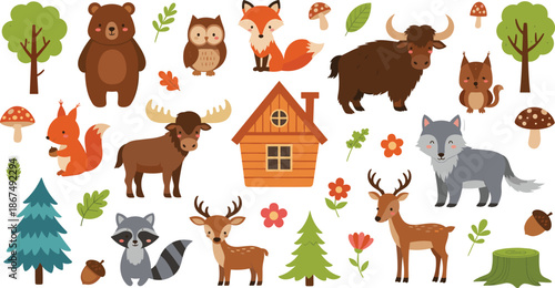 Forest animals and cabin icon set, woodland wildlife and nature elements, cartoon-style vector illustration, educational and children’s theme