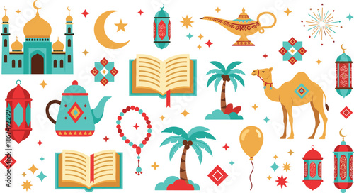 Islamic culture and celebration icon set, Ramadan and Middle Eastern symbols, cartoon-style vector illustration, religious and festive theme
