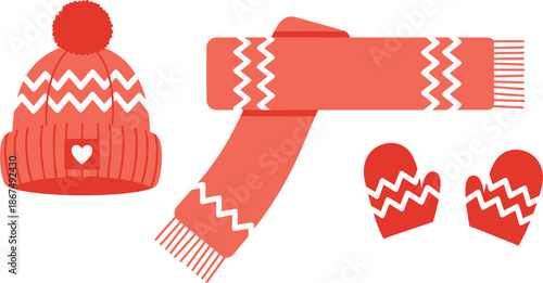 Winter accessories icon set, knitted hat scarf mittens, cartoon-style vector illustration, seasonal fashion and cold weather theme