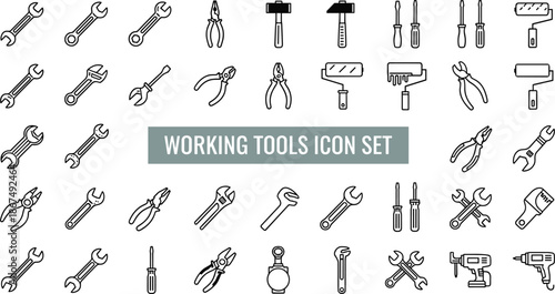 Working tools icon set, black and white vector symbols, hand tool illustrations, construction and repair theme, flat design grid