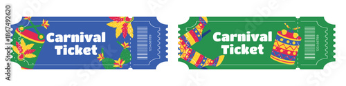 Set of entry tickets for Brazilian Carnival with feathers costumes shoes drums