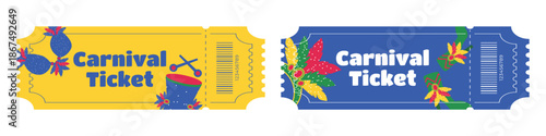 Set of entry tickets for Brazilian Carnival with feathers costumes shoes drums