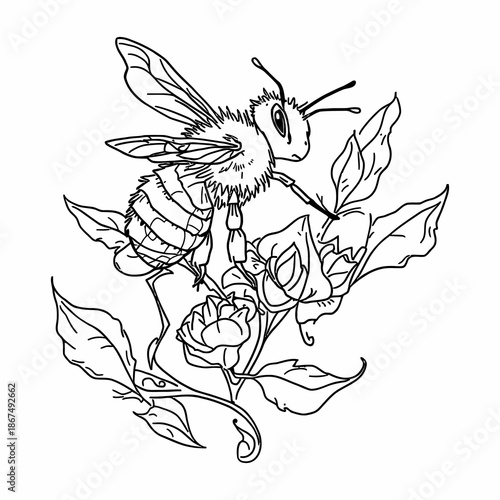 Detailed line art drawing of a bee pollinating delicate roses with intricate leaves, perfect for a coloring book.