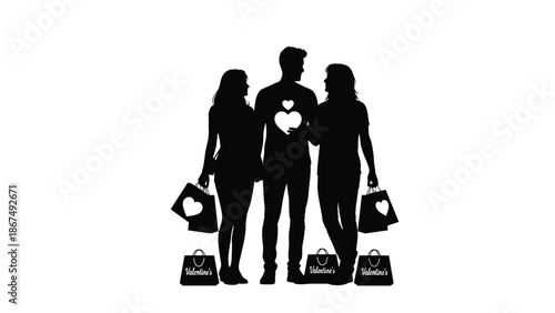Black silhouettes of couple and women with heart shaped valentine's day shopping bags with Valentine s Day and love and romance and relationship