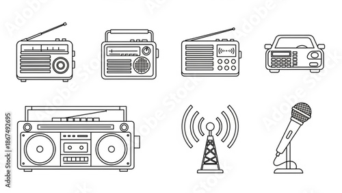 A collection of vintage and modern radio and music equipment illustrations including boombox microphones