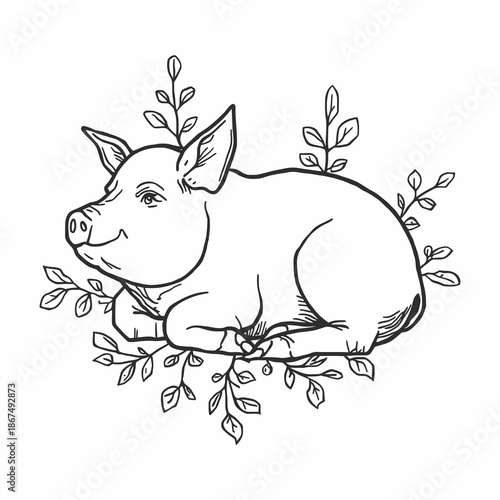 A cute cartoon pig lying down surrounded by leafy branches, line art drawing.