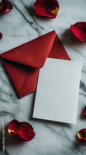 Red Envelope and Blank Card Surrounded by Rose Petals
