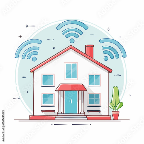 A modern house with Wi-Fi signal surrounding it, viewed from the front.