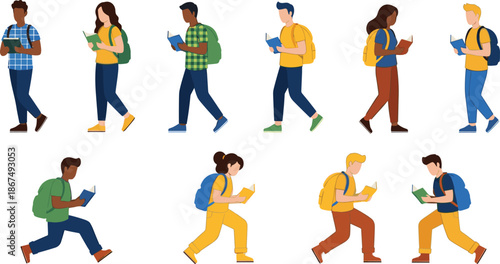 People Walking and Reading on Smartphones Illustration Set with Casual Pedestrians, Backpack Students, and Mobile Lifestyle Characters for Urban Designs
