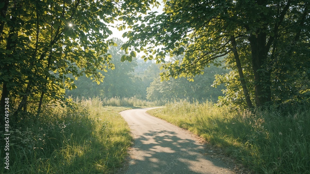 Obraz premium A dirt road surrounded by trees and greenery in a natural setting.