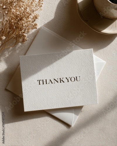 Elegant small thank you note card featuring minimalist black serif typography rests beside a matching white envelope with dried botanical elements providing soft texture and natural light.