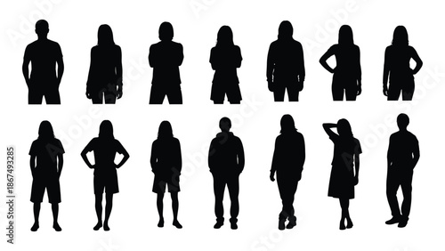 A collection of black silhouette figures showing various human poses and forms
