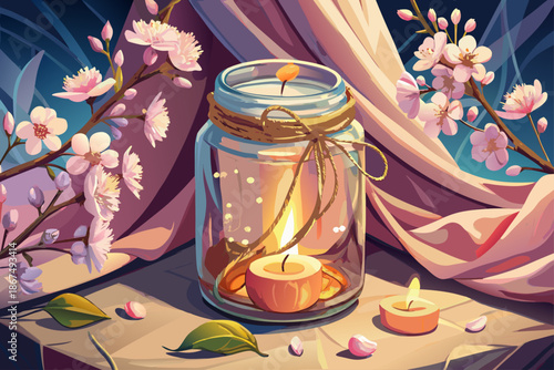 A lit candle in glass jar tied with twine surrounded by delicate spring blossoms and soft fabric cozy romantic atmosphere natural light still life stock photography