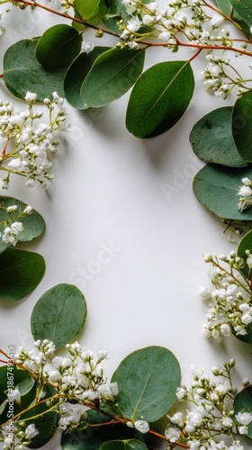 Elegant Floral Frame with Green Leaves and Blooms