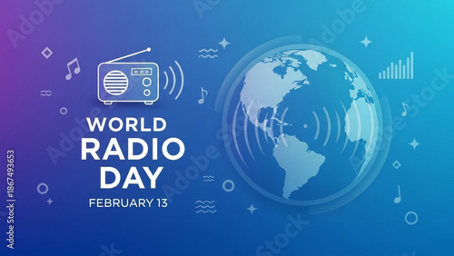 World radio day february 13 global communication celebration with radio waves and earth