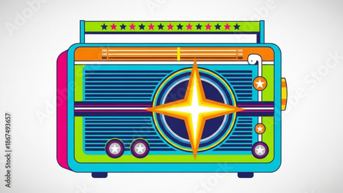 Vibrant colorful retro style radio with starburst design on front panel and decorative star pattern on top
