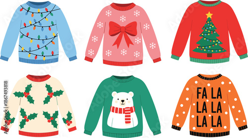 Ugly Christmas sweater collection featuring flat vector designs of holiday jumpers with festive patterns including polar bears trees lights and winter snowflakes.