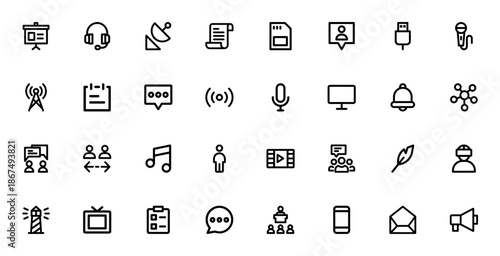 Communication icon set. Minimal vector icons pack. Includes symbols for presentation, wifi, chat, video call, vr, email, signal and more. Editable stroke.