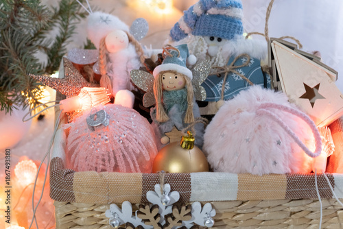 Christmas tree decorations in a basket