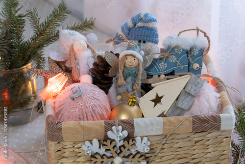 Christmas tree decorations in a basket