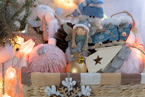 Christmas tree decorations in a basket