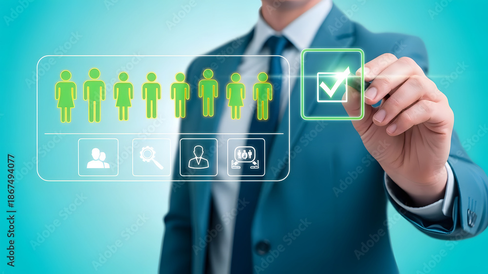 Obraz premium Professional Hand Selecting Best Candidate Profile on Interactive Virtual Screen for Business Success