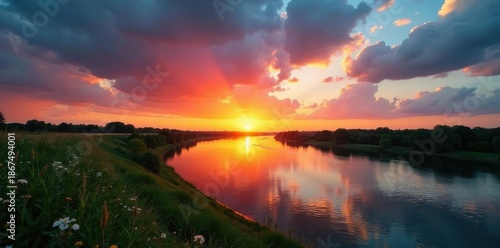 Illinois sunset, Mississippi River, travel trailer panorama, outdoors, nature