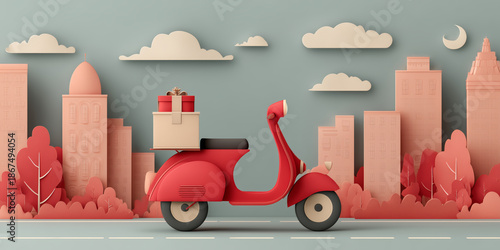 Charming red scooter with gifts in a whimsical cityscape