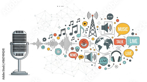 Vibrant illustration of a microphone with a burst of colorful media and communication icons