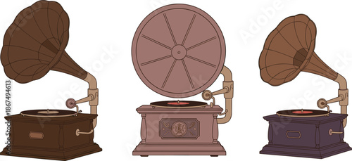 Vintage gramophone and phonograph collection vector illustration with antique music players isolated on white background for retro audio design