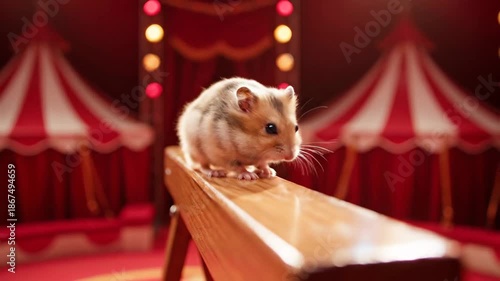 circus hamster balances on beam under red tent lights