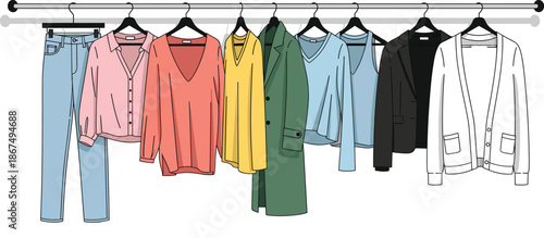 Modern Clothing Rack Illustration with Hanging Fashion Apparel Collection, Casual and Formal Outfits for Boutique, Shop, and Wardrobe Designs